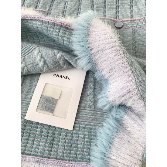 Chanel 2025 Striped Fringe Bell Sleeve Cardigan  Blue Knit Sweater
