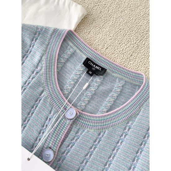 Chanel 2025 Striped Fringe Bell Sleeve Cardigan  Blue Knit Sweater