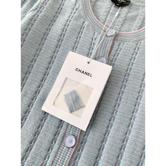 Chanel 2025 Striped Fringe Bell Sleeve Cardigan  Blue Knit Sweater