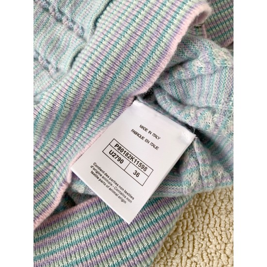 Chanel 2025 Striped Fringe Bell Sleeve Cardigan  Blue Knit Sweater