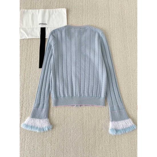 Chanel 2025 Striped Fringe Bell Sleeve Cardigan  Blue Knit Sweater