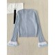 Chanel 2025 Striped Fringe Bell Sleeve Cardigan  Blue Knit Sweater