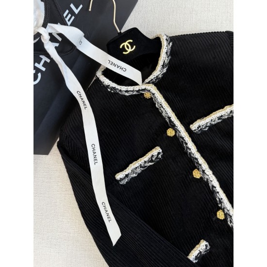 Chanel 25K Métiers d’Art Corduroy Jacket | Black Striped Jacket with Tweed Trim
