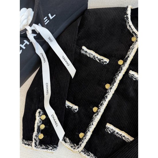 Chanel 25K Métiers d’Art Corduroy Jacket | Black Striped Jacket with Tweed Trim