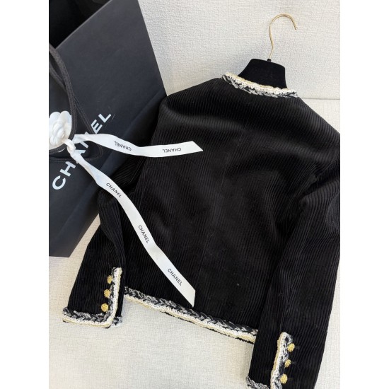 Chanel 25K Métiers d’Art Corduroy Jacket | Black Striped Jacket with Tweed Trim