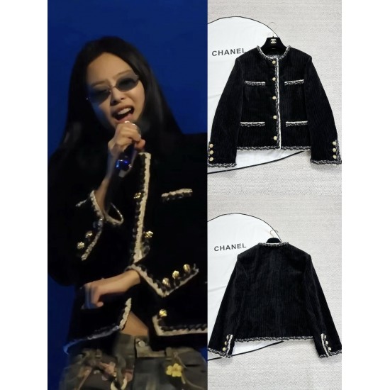Chanel 25K Métiers d’Art Corduroy Jacket | Black Striped Jacket with Tweed Trim