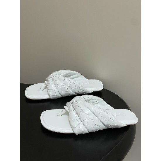 BV Salsa Puffy Woven Leather Thong Sandals- White