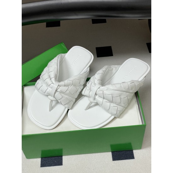 BV Salsa Puffy Woven Leather Thong Sandals- White